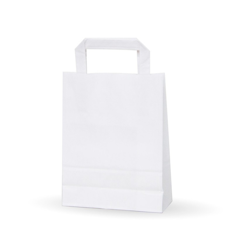 Bolsa de papel blanca con asa plana. Caja 600uds - Medida: 18+8x24cm