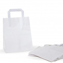 Bolsa de papel blanca con asa plana. Caja 600uds - Medida: 18+8x24cm