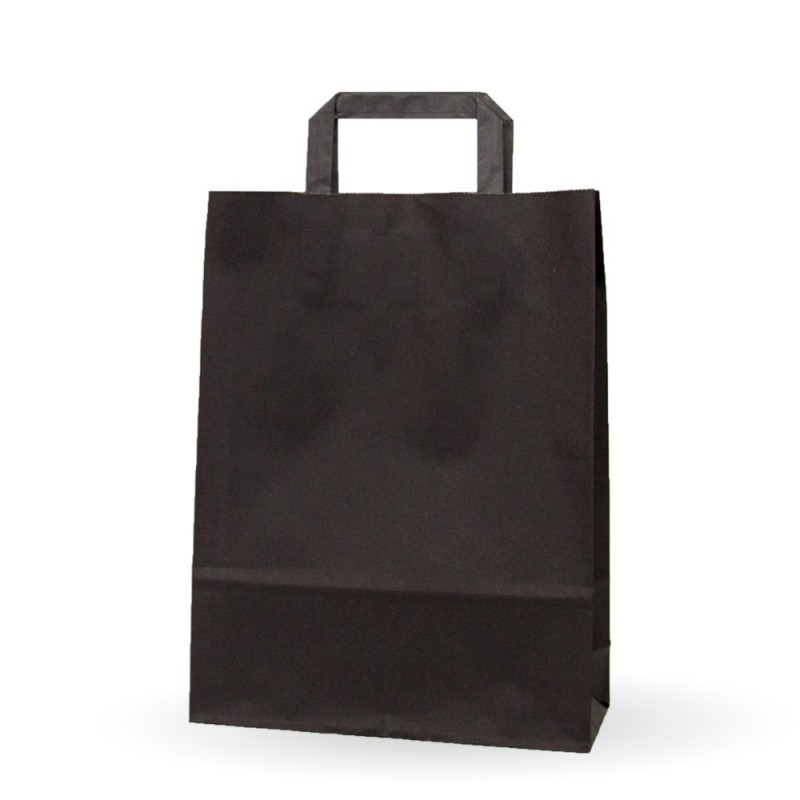 Bolsa de papel negra con asa plana. Caja 150uds - Medida: 25+9x34cm