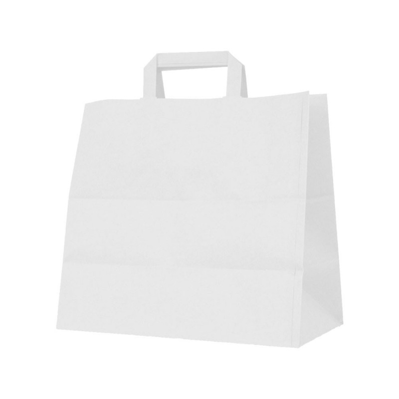 Bolsa blanca con asa plana (take away) Medida: 32+22x25cm