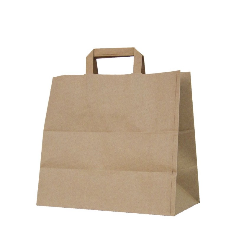 Bolsa de papel kraft con asa plana (take away) - Medida: 32+22x25cm